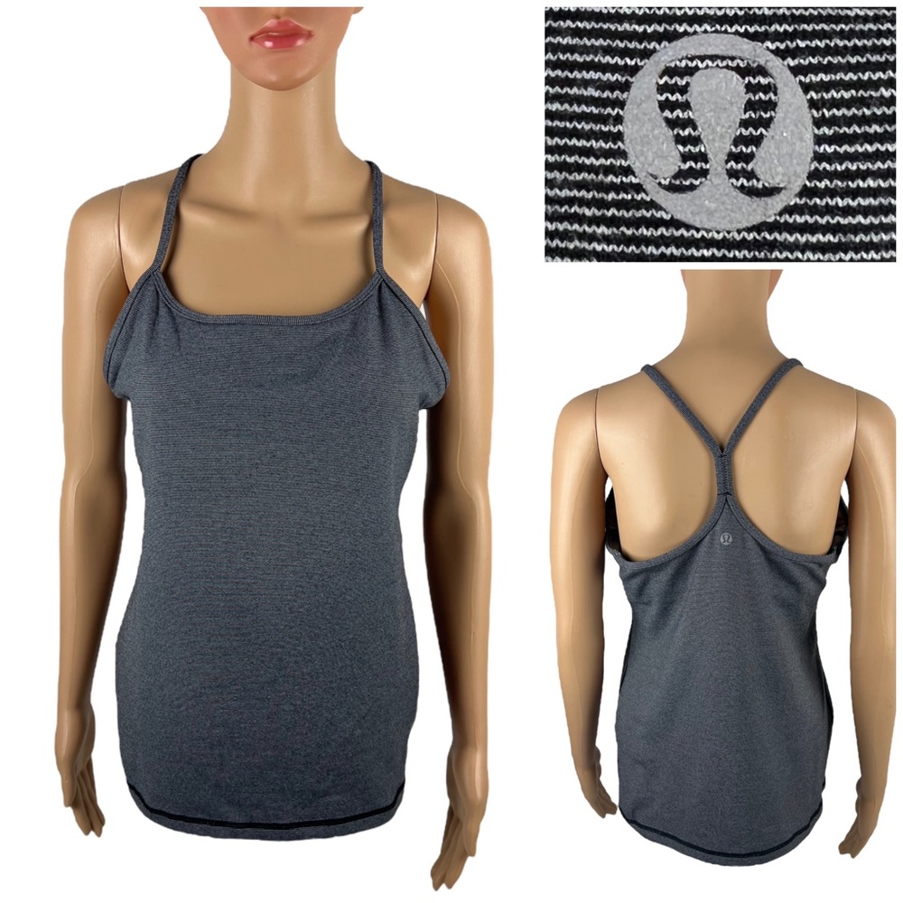 Lululemon Womens 12 Power Y Tank Gray Striped Top Shirt Built in Bra Yoga EUC